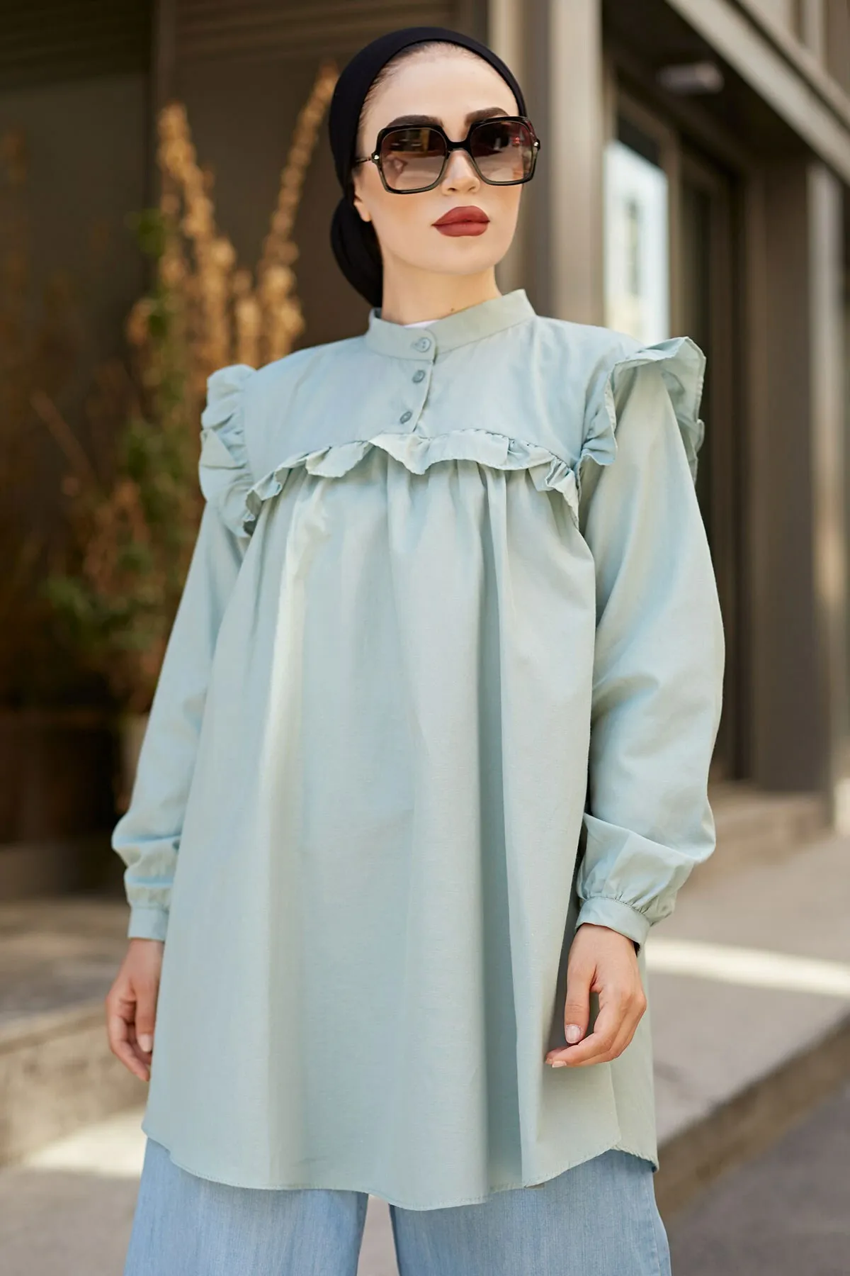 Туника с открытыми плечами и рюшами-Мятная зимняя осенняя коллекция 2021 женский