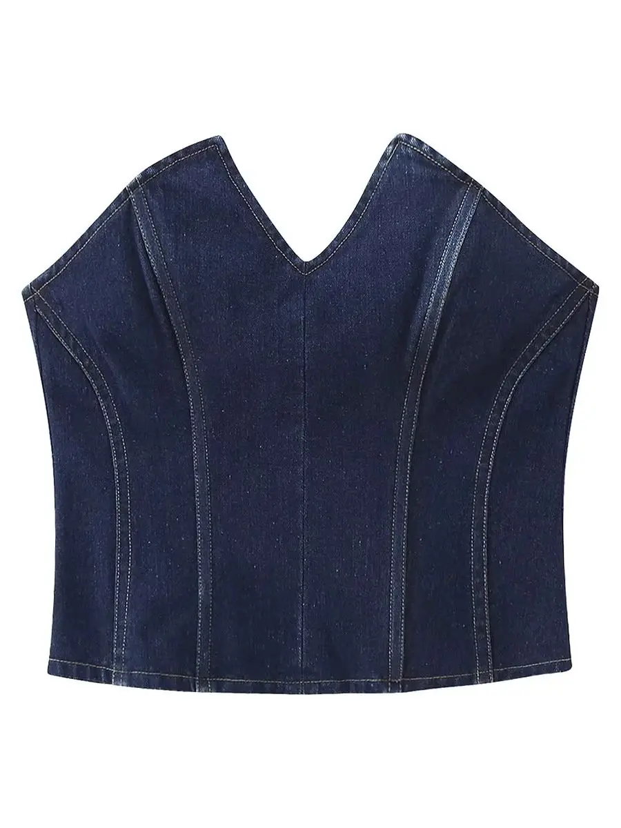 

YLJHQX 2023 NEW Summer Women Solid Color Strapless Asymmetry Ruched Zipper Decoration Vintage Streewear Cowboy Top