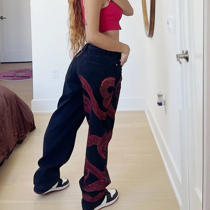 2021 Autumn Snake Print Baggy Jeans Women Low Waist Hippie Denim Trousers Dark Academia Goth Streetwear Cargo Pants 90s Korean