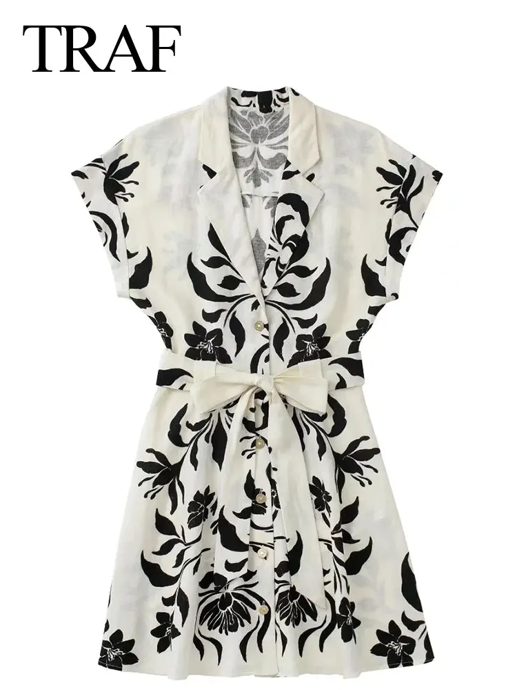 

TRAF 2022 Commuter Temperament Female Dress Short Print Slim Fit Belt Bow Suit Collar Summer Fashion Office Daily Clothes Women