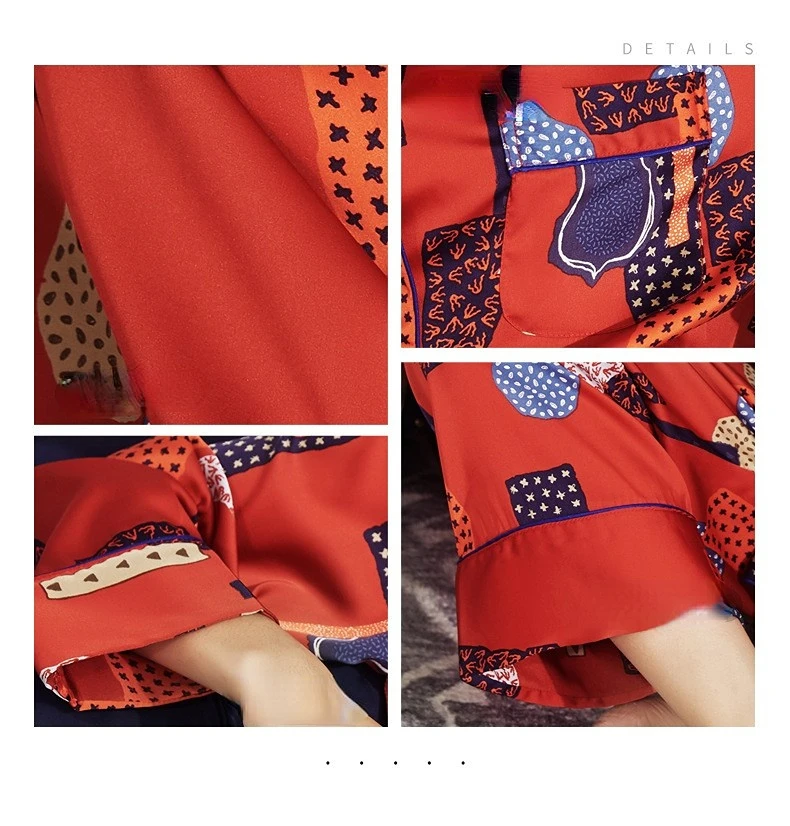 Women's 2 Piece Pajamas Sets Spring Floral Pijama Ice Silk Female Pyjama Sleepwear Long Sleeve Shirt Pants Homewear Loungewear