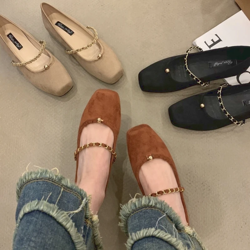 

Ballet Flats Low Heel Shoes for Women Metal Chain Decor Elegant Woman Heeled Shoes Sequare Toe Mary Janes Leather Shoes Pumps