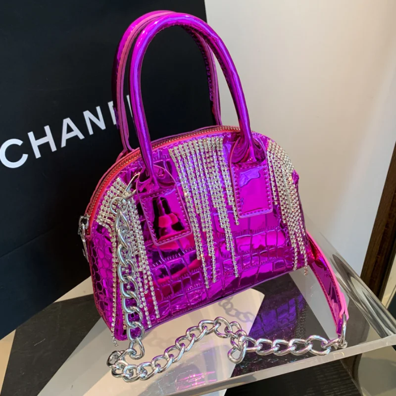 Shiny Tassel Shell Bags for Women 2023 New Patent Leather Stone Grain Shoulder Bag Woman Diamonds Fashion Party Luxury Handbags