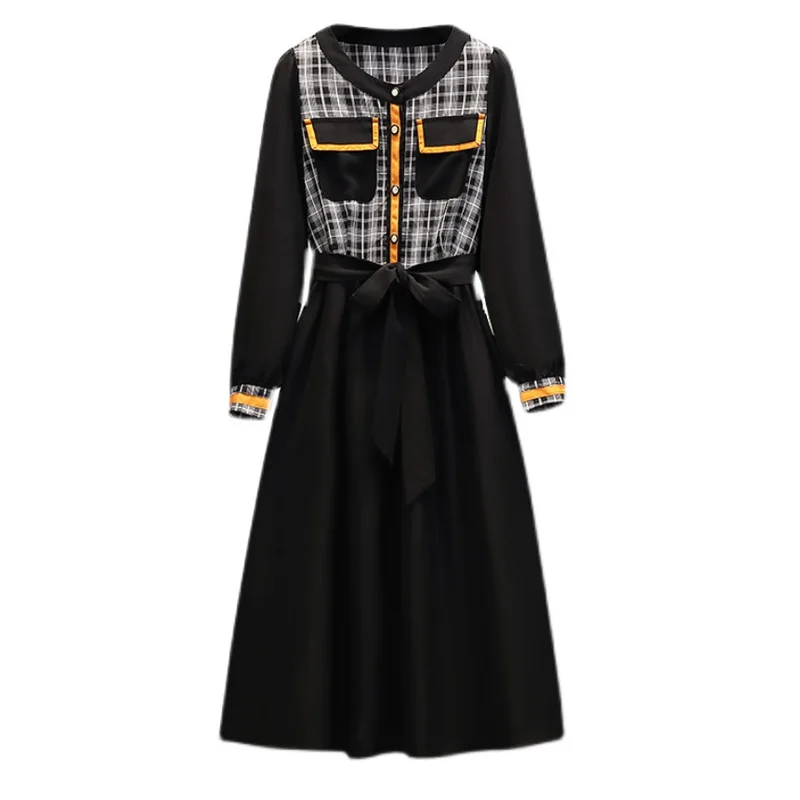 

Women Black Plaid Splicing Dress Single-breasted Bandage Loose Big Robe V Neck Long Sleeve Plus Size Spring Autumn Party Vestido