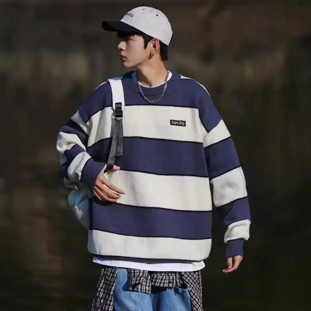 Мужской трикотажный свитер в полоску свободный повседневный пуловер винтажном