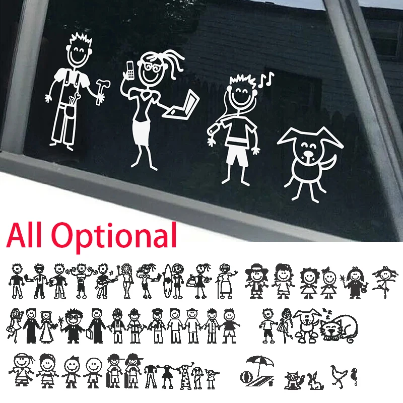 Diy Cartoon Family Car Stickers ,Car Window Bumper Vinyl Funny Decals Sticker,Hundreds Figures Optional,Father Mother Son Pets