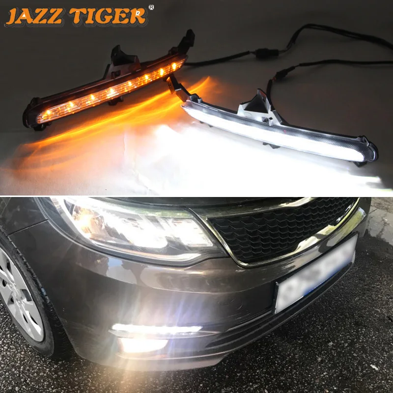 

12V Car LED DRL Daylights For Kia Rio K2 2015 2016 Yellow Turn Signal Daytime Running Headlamps Auto Driving Lamp