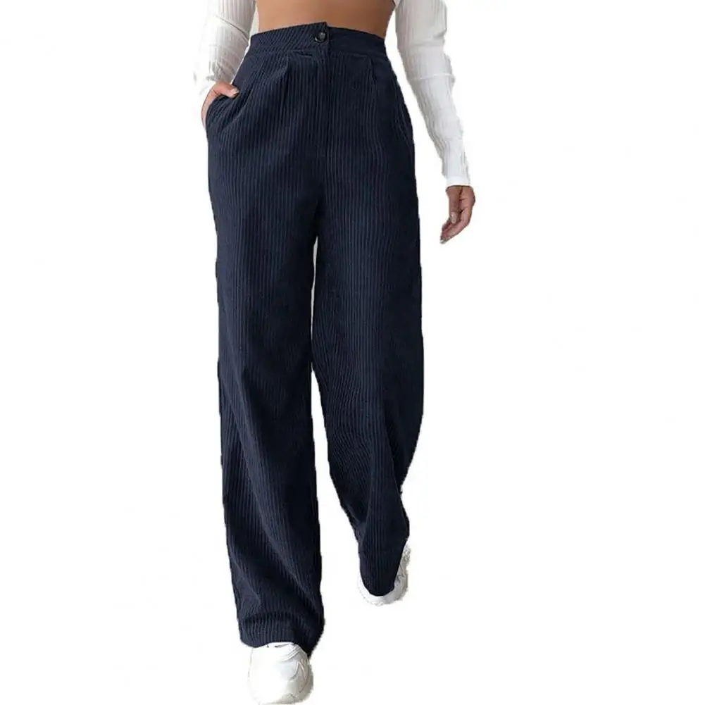 

Women Long Pants Pockets Zipper Trousers Wide Leg Straight Corduroy Loose Pants Streetwear