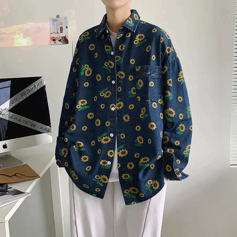 

Джинсовая рубашка мужская с длинным рукавом, Модный брендовый свободный пиджак в Корейском стиле, красивая куртка с оборками, с маленьким п...