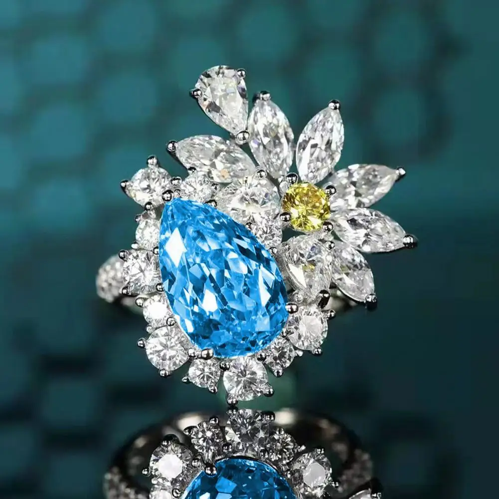 

Women Ring Flower Drop-shaped Faux Topaz Jewelry Fashion Appearance Adjustable Opening Finger Ring Earrings for Wedding