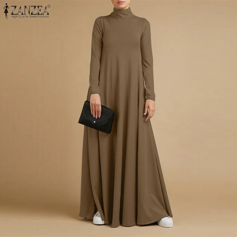 ZANZEA Loose Fashion Women Turtleneck Maxi Long Dress Long Sleeve Elegant Solid Casual Sundress Robe Femme Kaftan Party Vestido