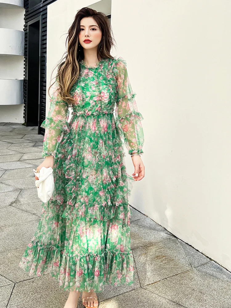 Delocah High Quality Summer Women Fashion Designer Holiday Long Dress Lantern Sleeve Floral Print Shirring Ruffle Mesh Dresses