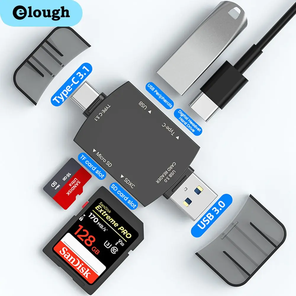 

Elough 6 in 1 USB3.0 Card Reader Dual High Speed SD TF Reader Card For Mobile Phone Tablets Type C3.1 U Disk Memory Card Reading