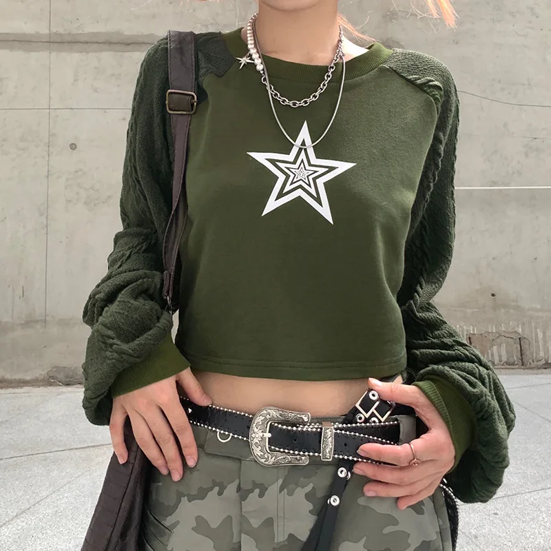 

Street style new star print contrast color wool knitted raglan sleeve sweater hot girl simple warm autumn top women