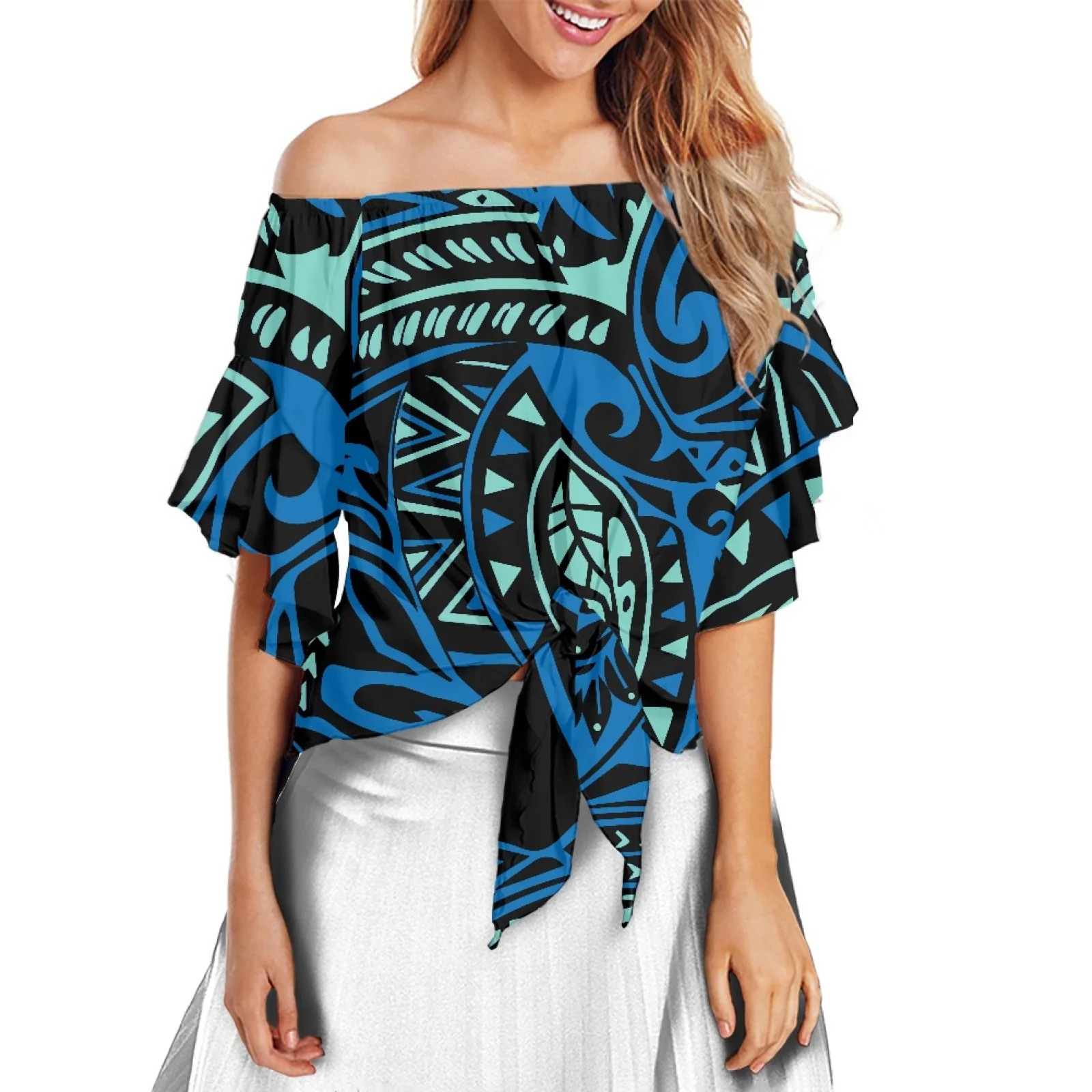 

Polynesian Traditional Off Shoulder Tops 100% Polyester Women Shirt Flare Sleeve Retro StyleTattoos Frangipani Printing Blouses