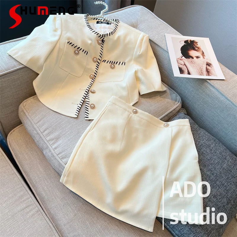 

Classical Style Two-piece Suit Women's 2022 Summer New Fashion High Sense Elegant Short Coat Ladies Office Lady Above Knee Skirt