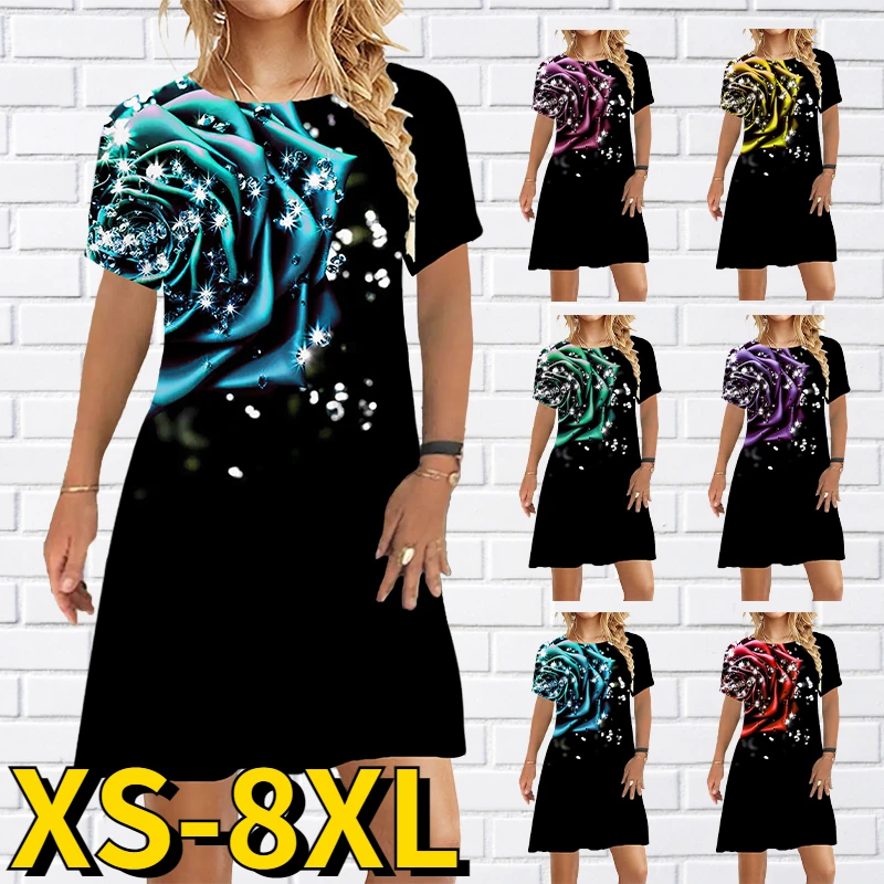 

Женская винтажная юбка средней длины, Повседневная Свободная юбка до колен с коротким рукавом и круглым вырезом, элегантная юбка с цветочны...