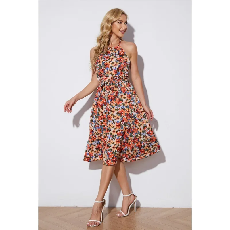 Новинка 2022 летнее платье с завышенной талией и принтом на шее из Европы Америки