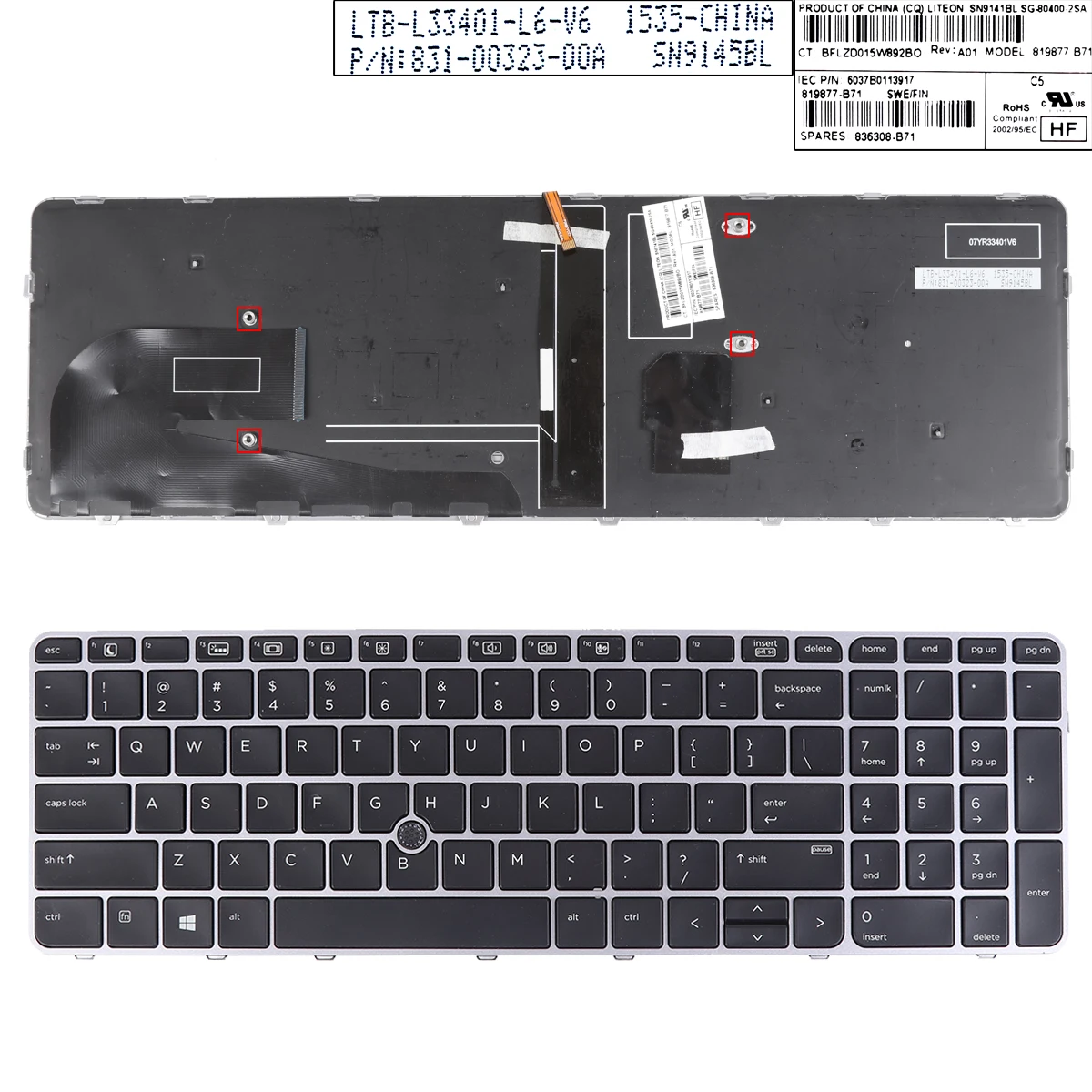 US QWERTY Replacement Keyboard For HP EliteBook 755 G3 850 G3 850 G4 ZBook 15u G3 G4 Silver Frame Black With Backlit & Point