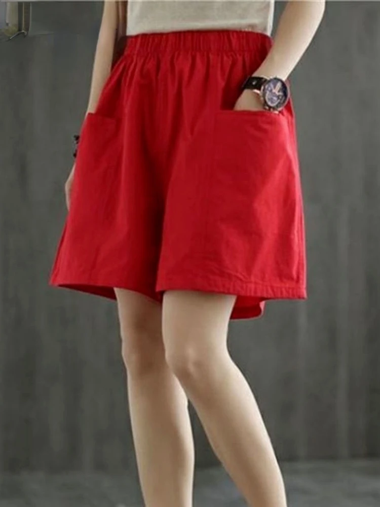 2023 Women's Summer Shorts Cotton High Waist Wide Short Pants Casual Loose Simple Sports Shorts with Pocket Soft Comfort Breeche