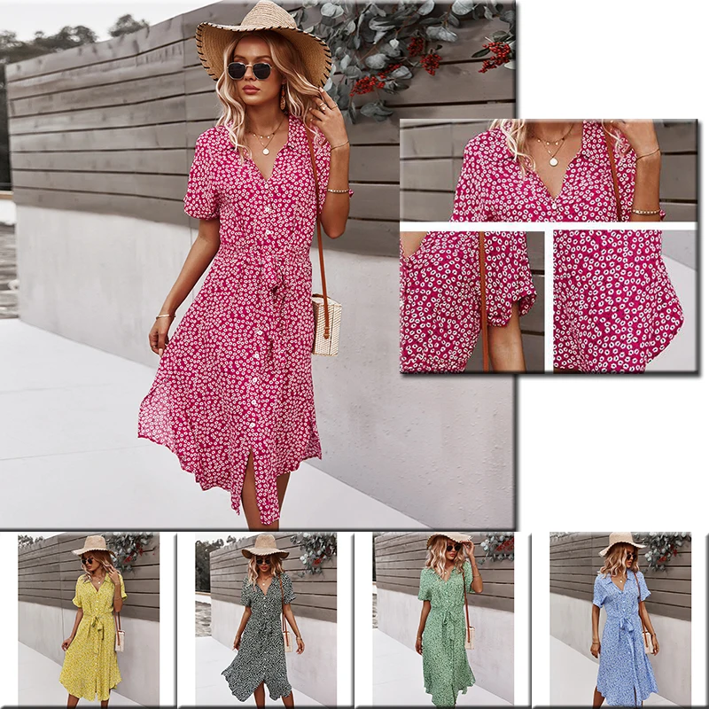 

Sweet Floral Printed Button Shirt Dress Women's Clothing Short Sleeve Casual Tunics Aesthetic 2022 Summer Beach Dresses Femmle