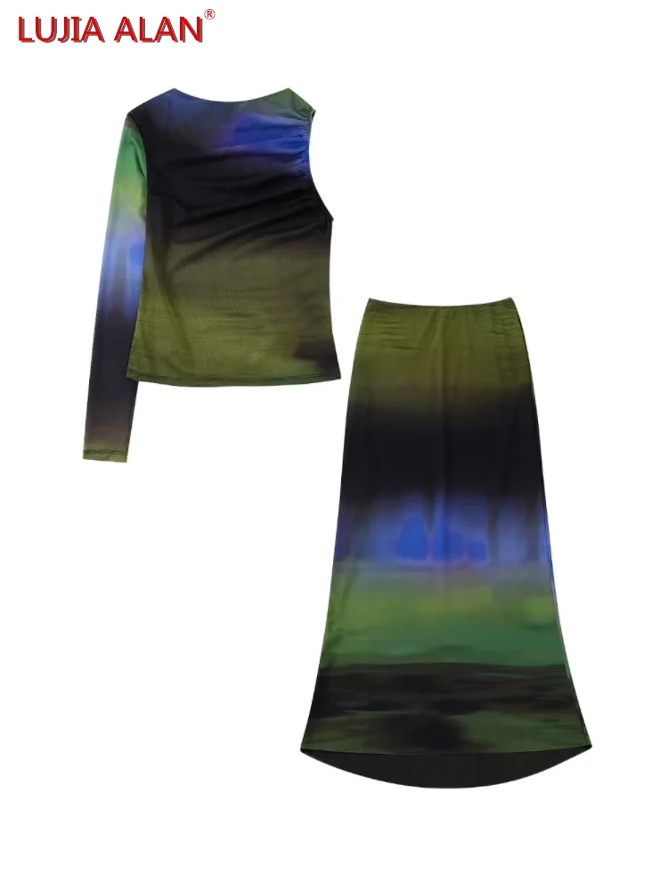 

New Women Tie Dye Print Mesh Cloth One Shoulder T-Shirt Casual Long Sleeve Slim Fit Tops+High Waist Midi Skirt LUJIA ALAN T1737
