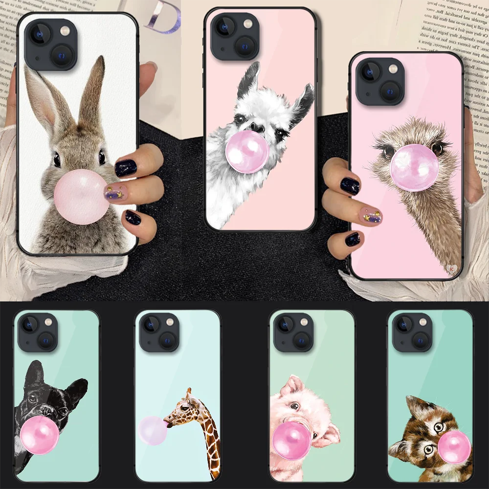 

Bubble Animals Art Pig Cute Tempered Glass Phone Case Cover For Iphone 7 8 11 12 13 14 Pro Max Plus Mini 6s X XS XR SE Black