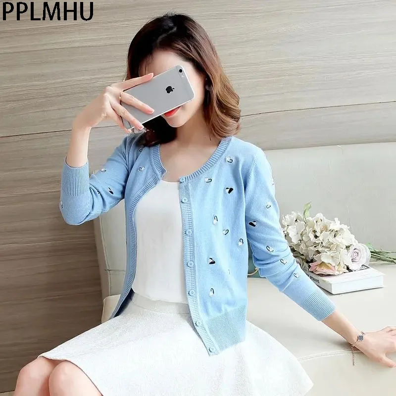 

Женский укороченный вязаный кардиган с вышивкой, Осенний однобортный свободный свитер с круглым вырезом, корейский Кардиган