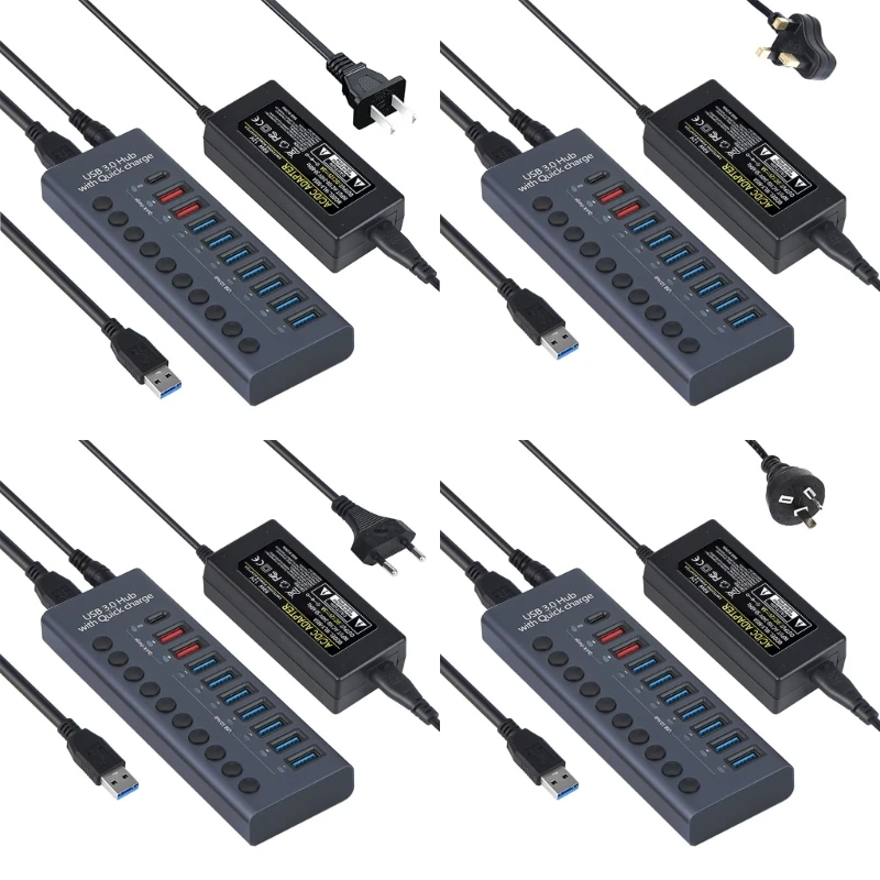 

USB Hub, 9 Port USB3.0+ Type C Hub 5Gbps with 60W Power Adapter, Charging Cable and Data Cord for PC and Laptop