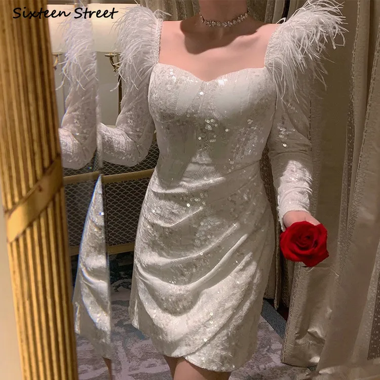 

White Feather Mini Dress Women 2023 New Elegant Sequin Embroidery Vestido Dress Women High Waist Runway Design Clothing