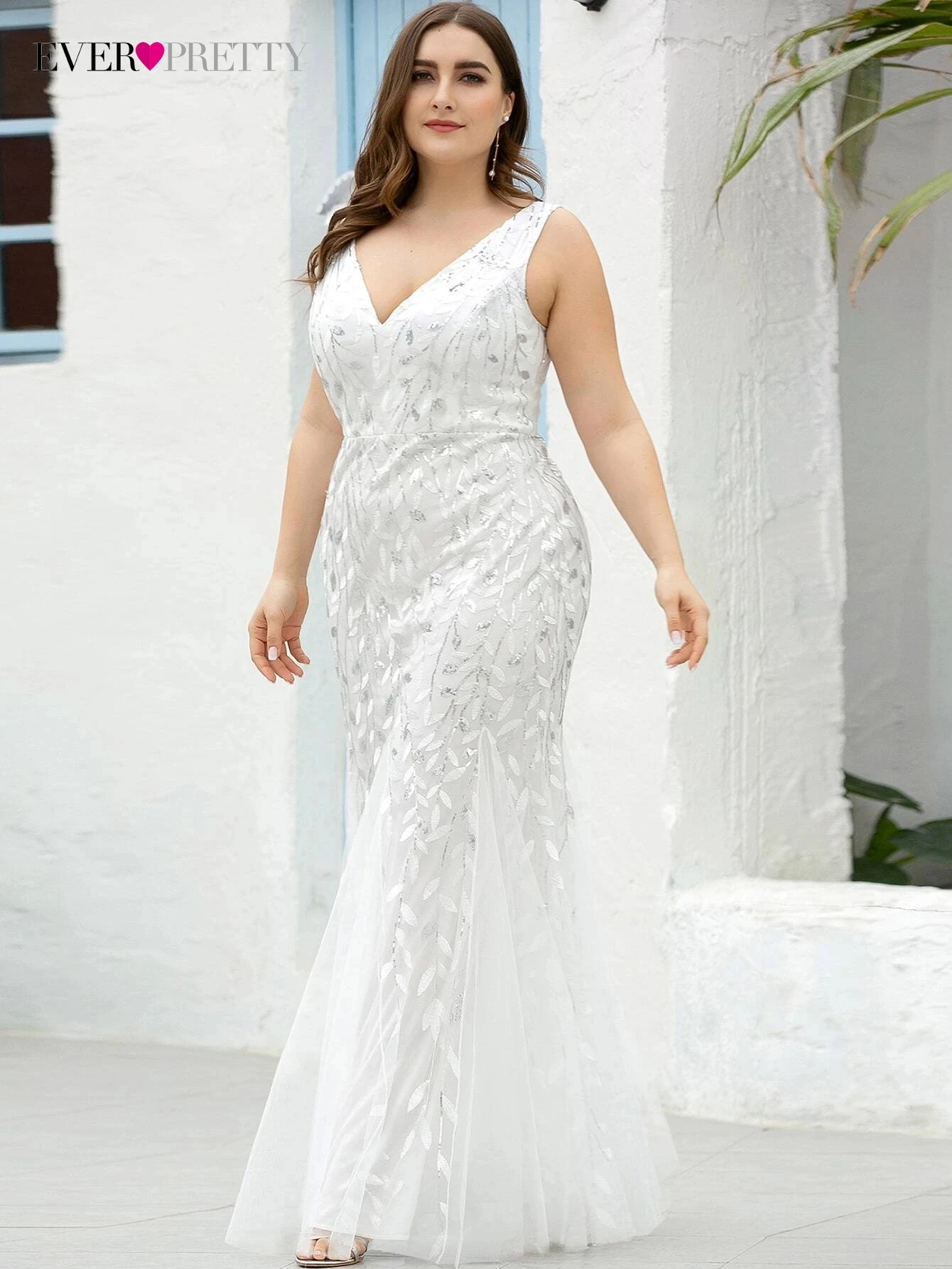 

Plus Size Elegant Women's Dresse Long V-Neck Sleeveless Mermaid Floor-Length Gown 2022 Ever Pretty of Sequin Prom Women Dress