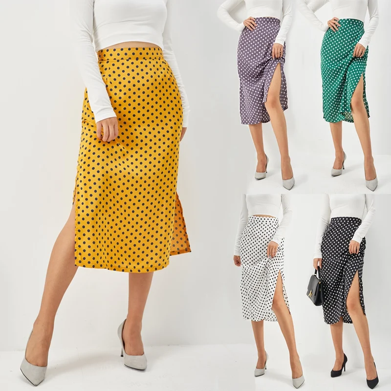 

High Waist Mid-Length Zipper Polka Dot Skirt Women New Fashion Women's Slim Fit Split Satin Bread Hip Skirt
