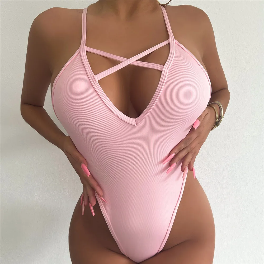 

Sexy Backless Pink Swimwear Women One Piece Swimsuits 2022 Summer New V Neck High Cut Bathing Suit Bathers Monokini Beachwear