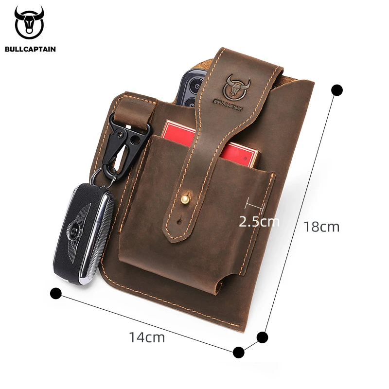 BULLCAPTAIN Retro Man Genuine leather Multi-function Crazy Horse Cowhide Mobile phone bodypack