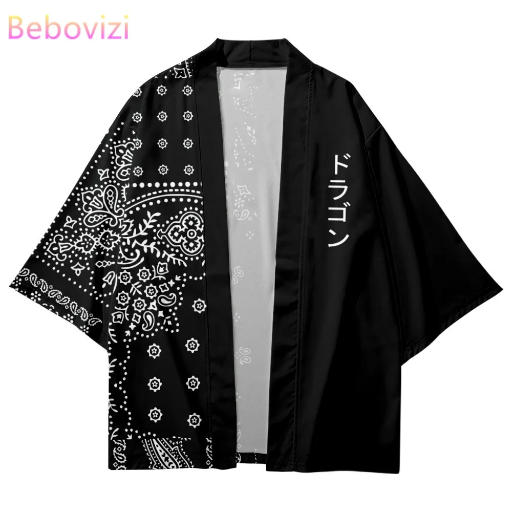 

Cashew Flower Print Black Kimono Japanese Streetwear Men Cardigan Cosplay Shirts Harajuku Traditional Samurai Fashion Haori