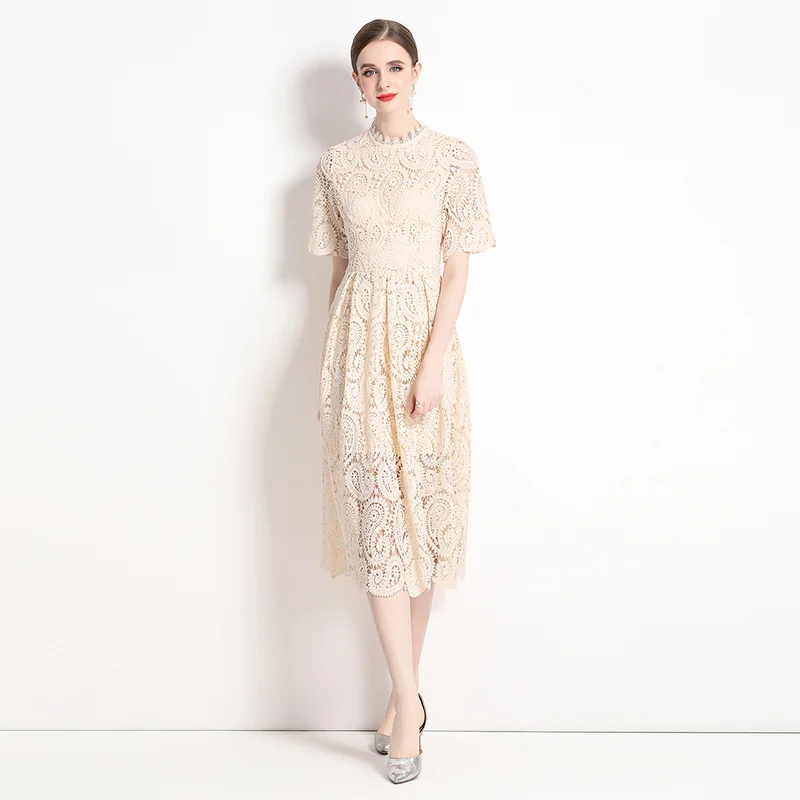 

Женское кружевное платье с вышивкой, элегантное модельное платье средней длины с цветочным кружевом и рукавом до локтя, лето