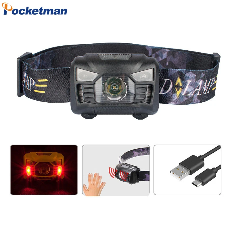 

Pocketman T6 Led Headlamp Waterproof Headlight induction Flashlight Head Lamp built-in 18650 Battery Light for Fishing Hunting