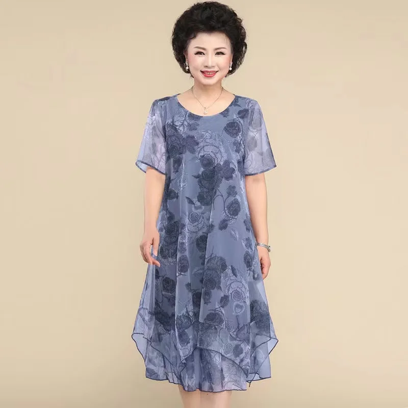 

MZ1 aged mother's cotton silk printed dress for women's summer short sleeved, medium length, loose fitting, large size, slim