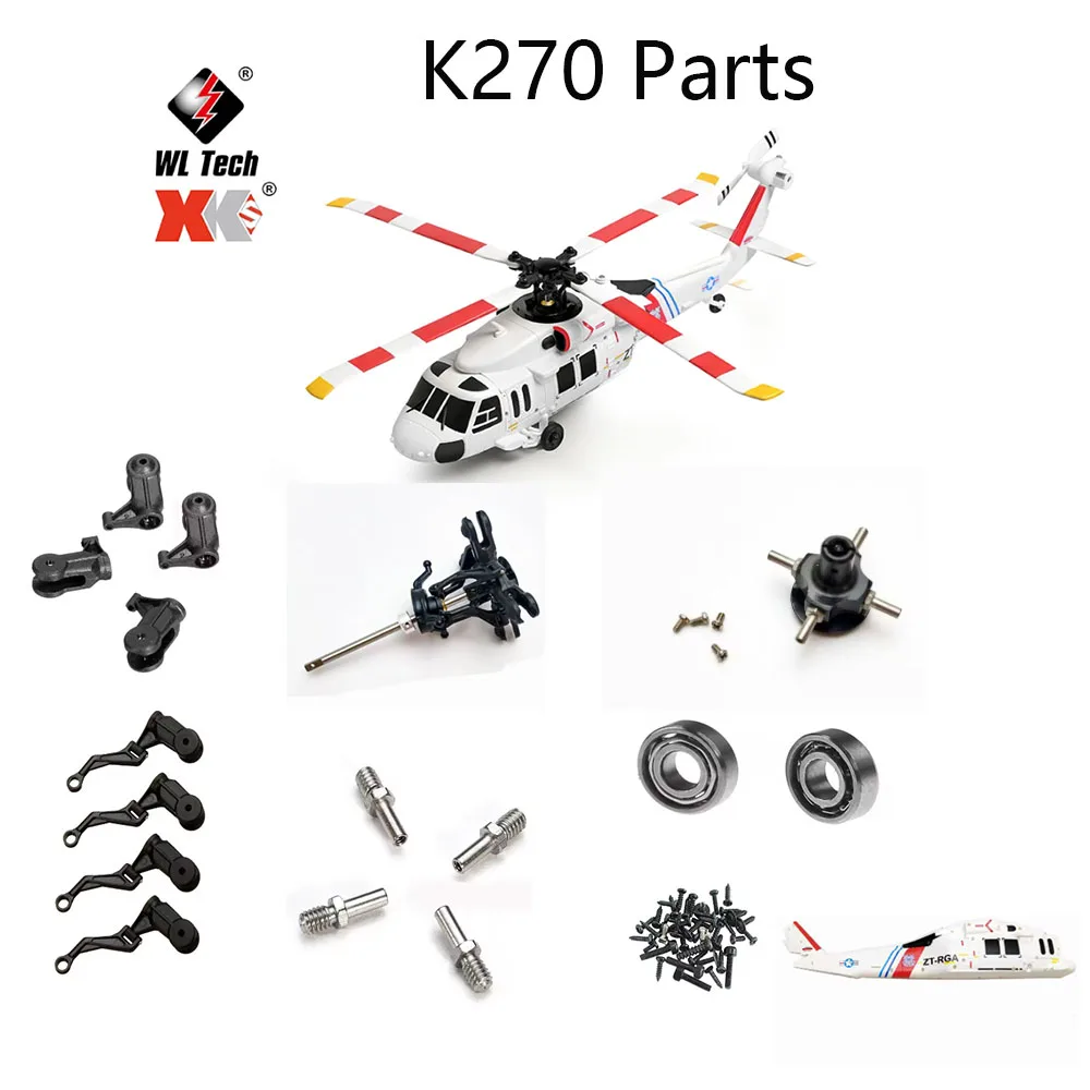 Фото Список запасных частей для радиоуправляемого вертолета Wltoys XK K270: основное лопастное колесо, шестерня, хвостовой двигатель, роторная головка, сервопривод, поворотная платформа, корпус, приёмник. №1