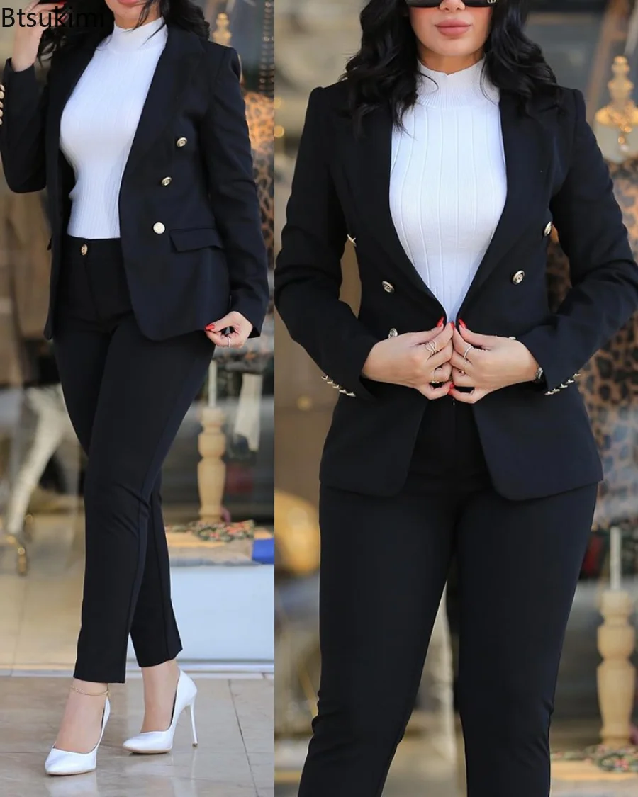 New 2023 Women's OL Design Formal Business Blazer Suits and Pants Two Pieces Slim Ladies 2 Piece Set Elegant Female Pants Sets