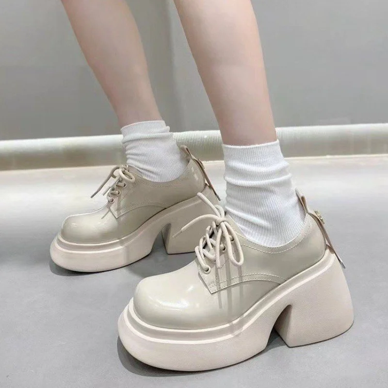 

2023 Spring Thick Soled Small Leather Shoes Women's Thick Heels Casual Personality Lace-up Fashion Girl Heightening Single Shoes