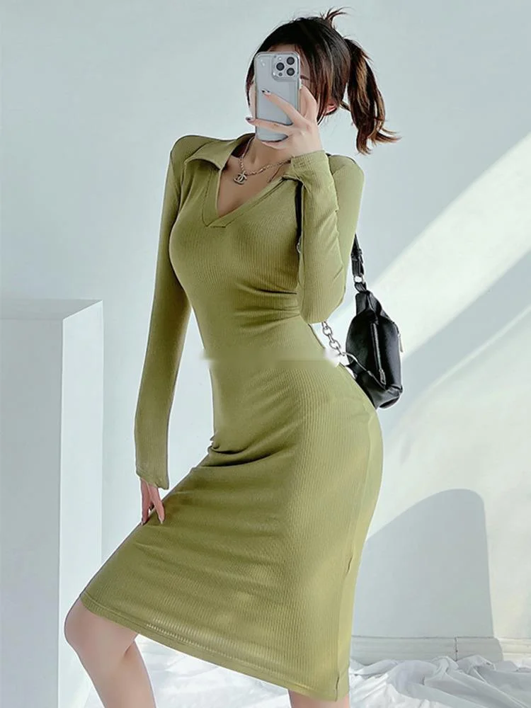 

WOMONGAGA Sexy Hot Girl V-Neck Long-Sleeve Knee-Length Dress Solid Color High Street Stretch Tight Women's Clothing XIPM