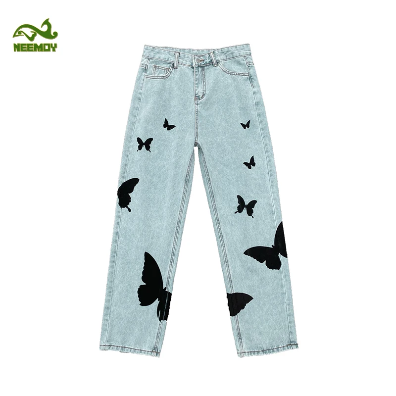 Neemoy Butterfly Print Jeans Men's Pants Streetwear Jeans Fashion Casual Denim Pants Stretch Straight Trousers Male Clothing
