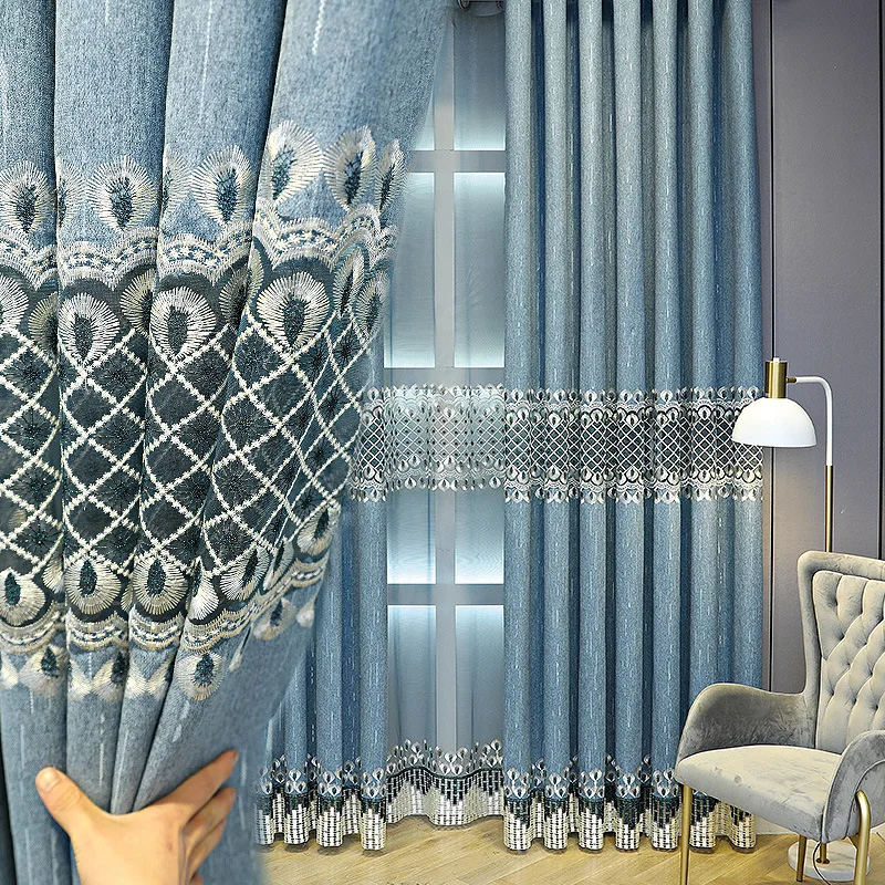 

European-style Window Curtains for Living Room Bedroom Thickened Chenille Embroidered Curtain Tulle Customize French Blue Gray