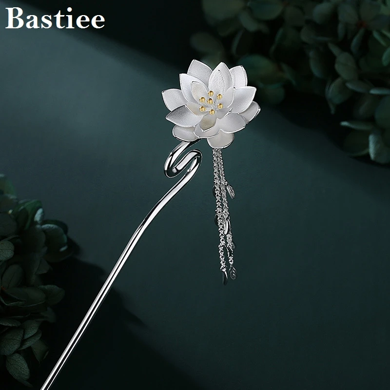 

Bastiee Hotan Jade S925 Silver Hair Pin Lotus Flower Chinese Antique Tassels Hanfu Accessories Electroplated Gold Hairpins