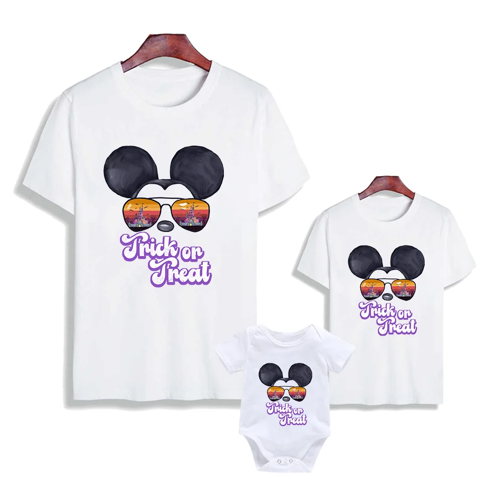 

Disney Funny Family Matching T-shirt Summer Mom Dad and Kids Shirts Baby Bodysuits Trick or Treat Mickey with Sunglasses Clothes