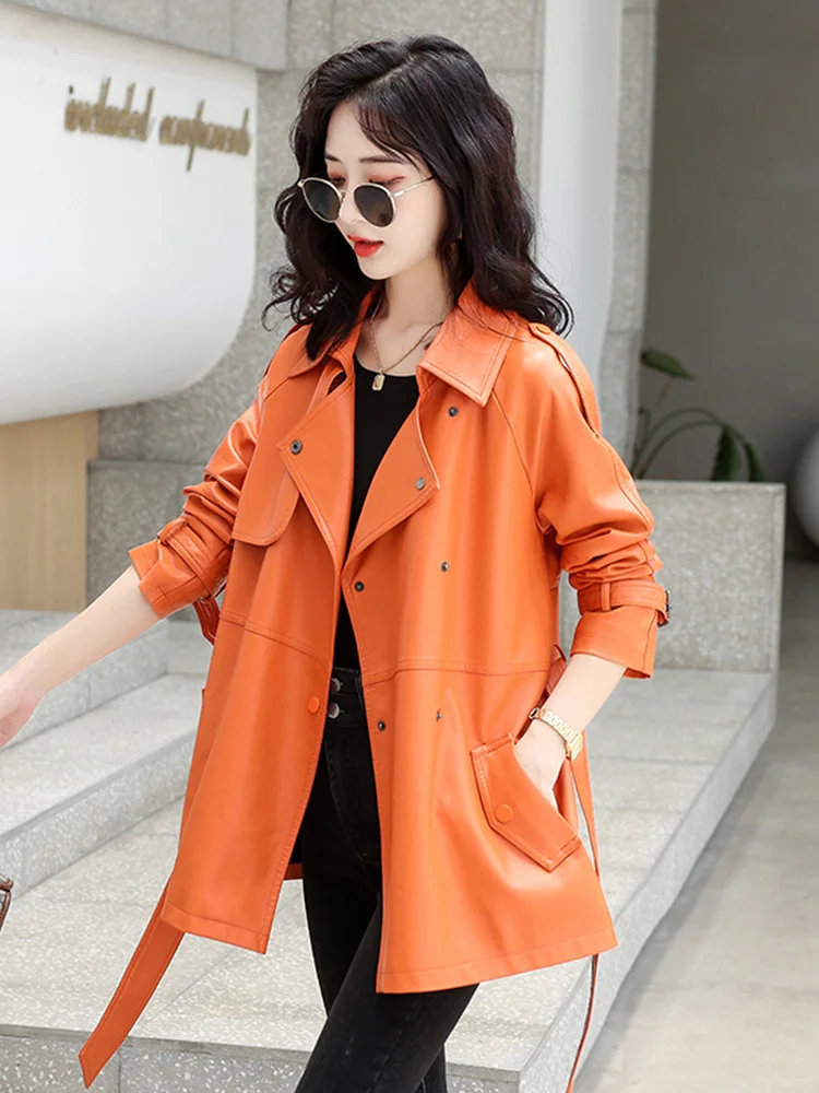 New Women Leather Trench Coat Spring Autumn Fashion Casual Long Sleeve Belt Short Sheepskin Coat All-Match Loose Outerwear
