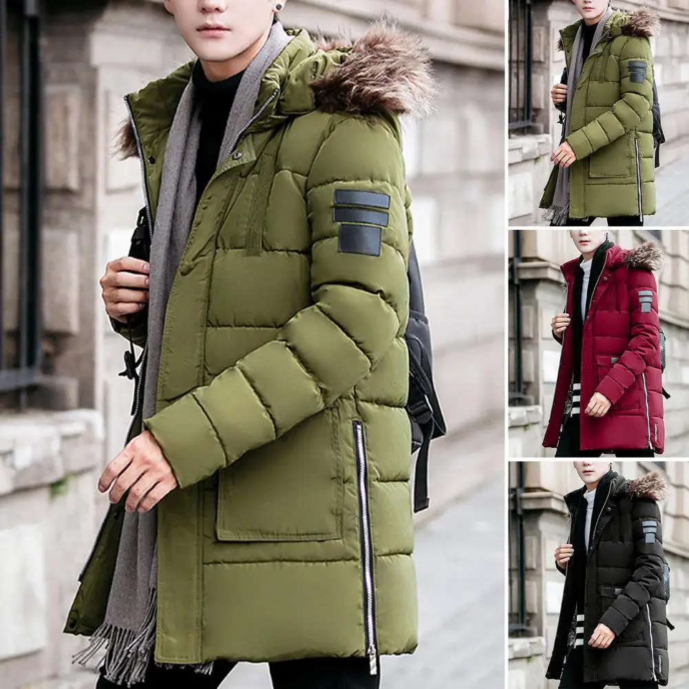 Men Cotton Coat Hooded Zipper Split Solid Color Padded Furry Keep Warm Thicken Zipper Plus Size Men Down Coat for Camping