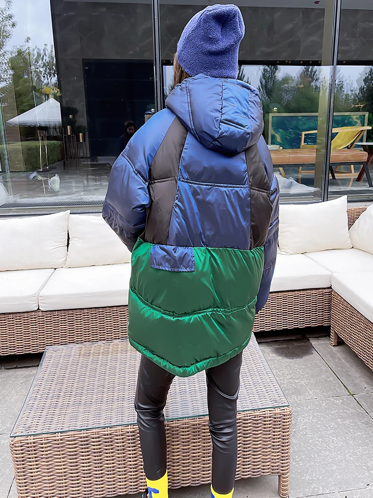 2022 Winter Down Jacket Fashion Splice Contrasting Colors Down Jacket Women Double Zipper Hooded Parkas Coat Down Cotton Coat