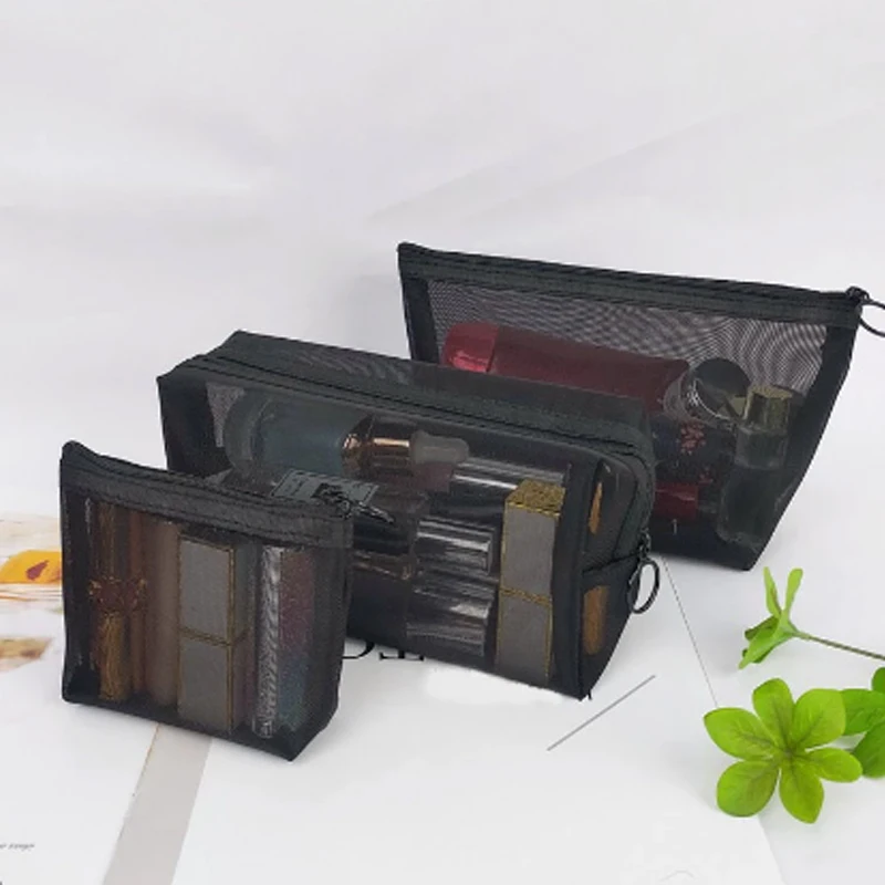 Transparent Mesh Makeup Case Organizer Storage Pouch Casual Zipper Toiletry Wash Bags Make Up Women Travel Cosmetic Bag 3PC